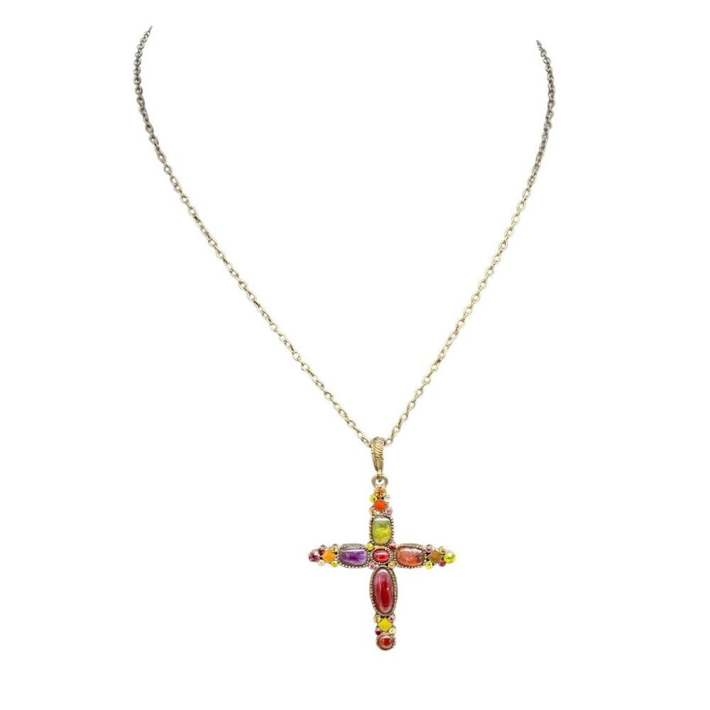 Premier Design Multicolor Rhinestone Crystal Cross Pendant Chain Necklace